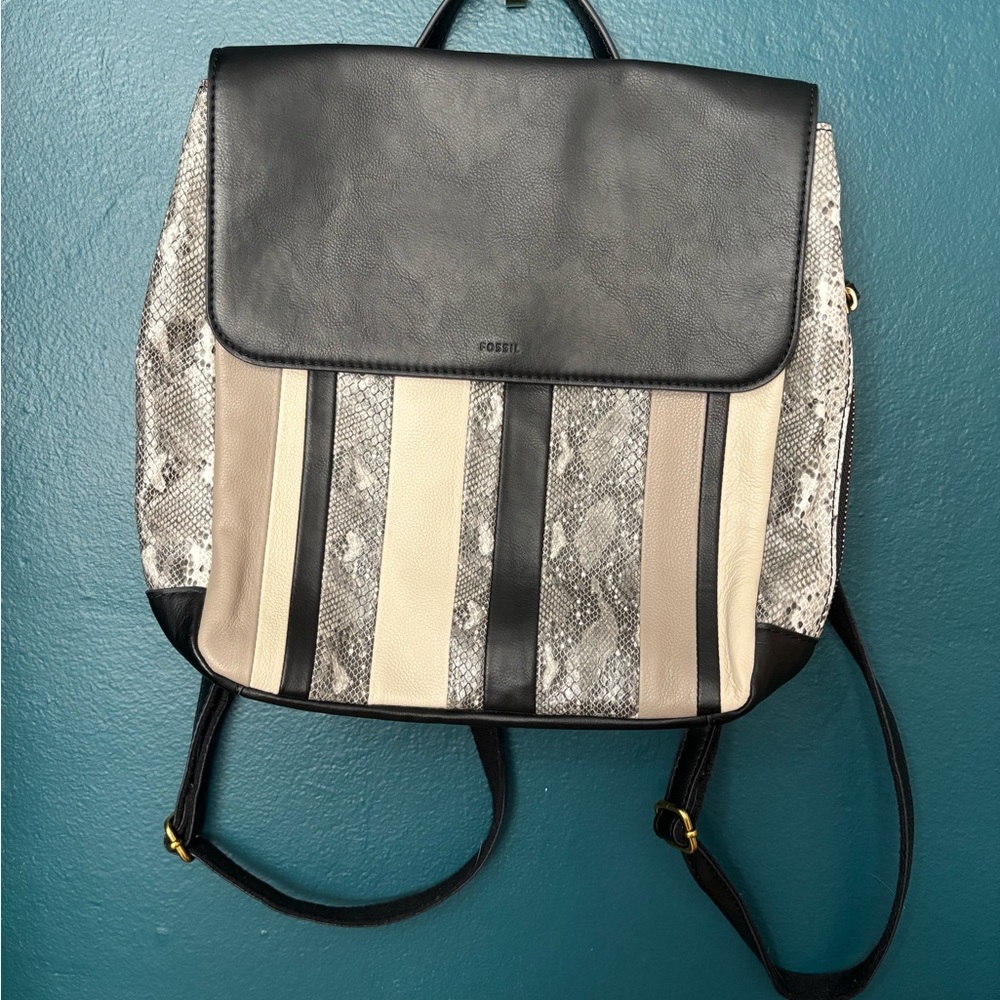 Fossil Black and Snake Skin Print Leather Bag